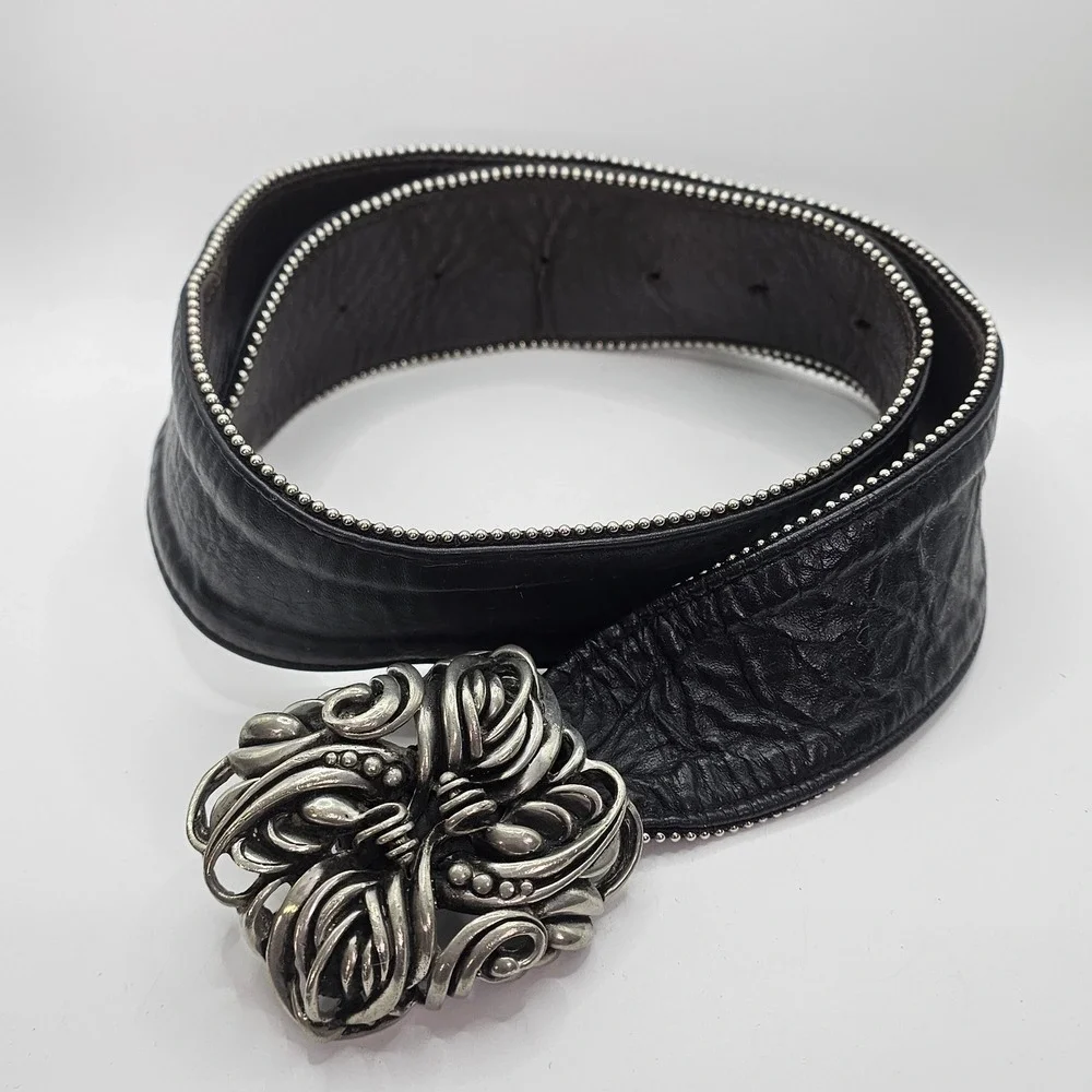 Vintage Fahrenheit NY Wide Black Leather Belt‎ Pewter Buckle 80s Wearable Art